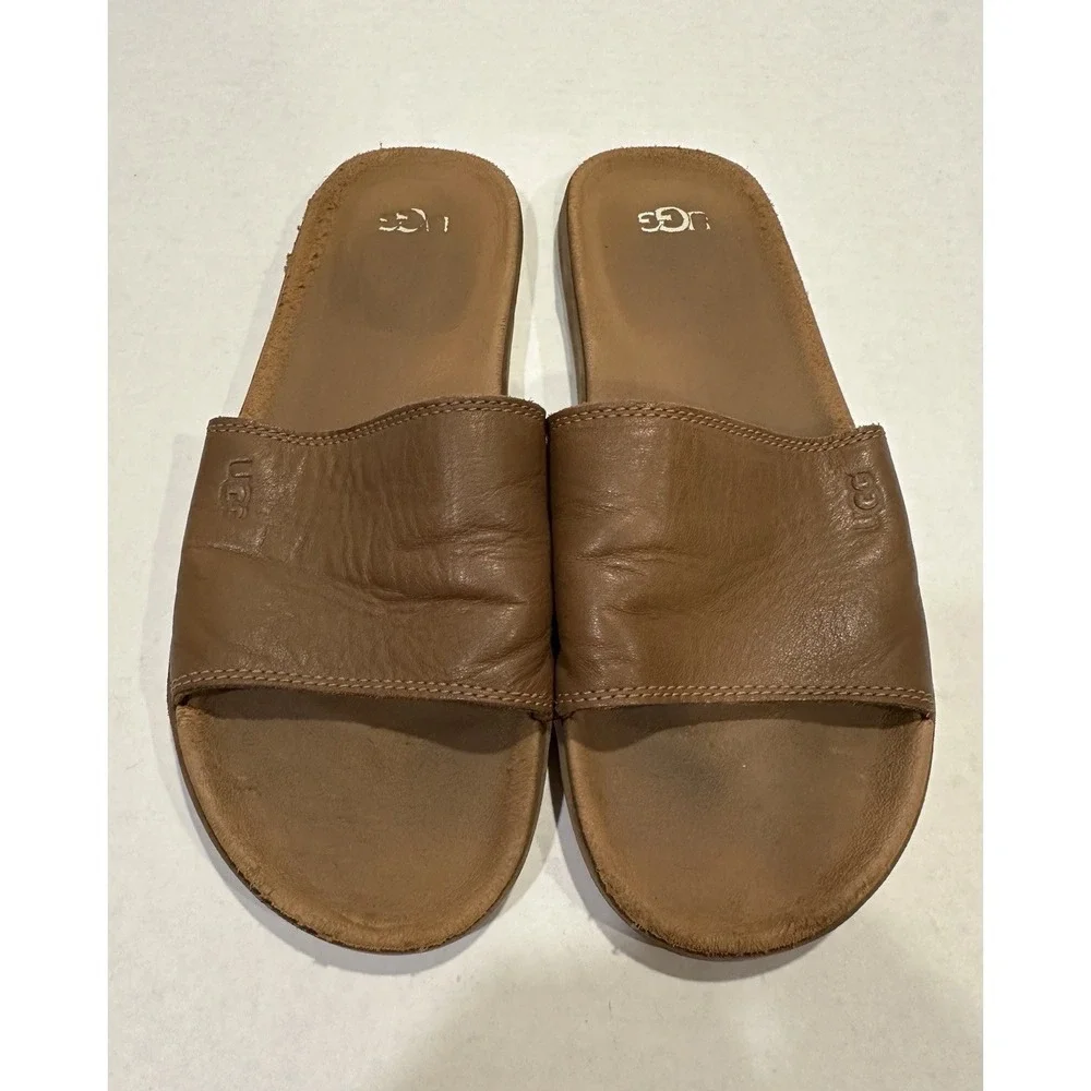 Ugg Slide Upper Leather Seaside Sandals Brown Men's Size 9
